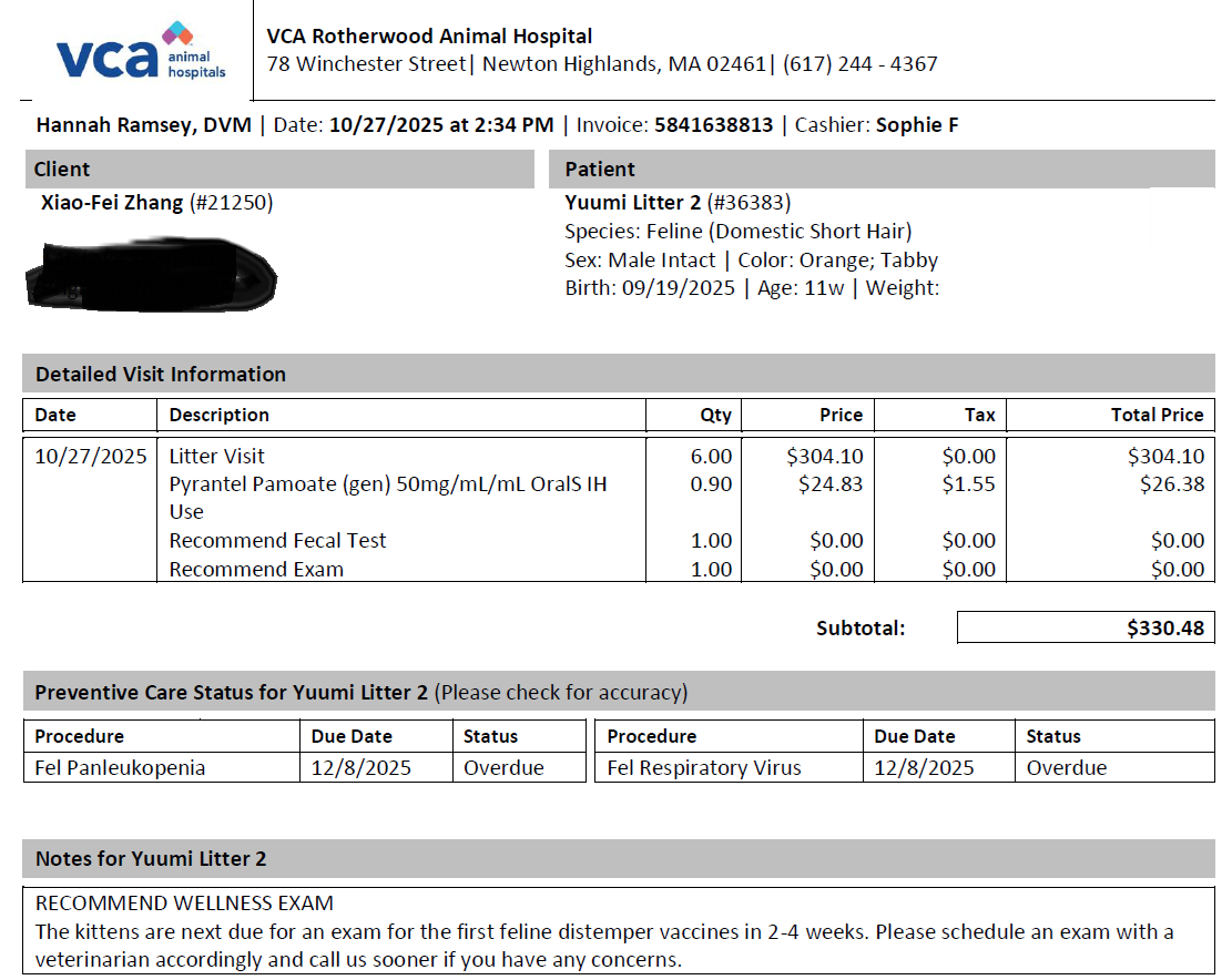Redacted invoice for first litter exam