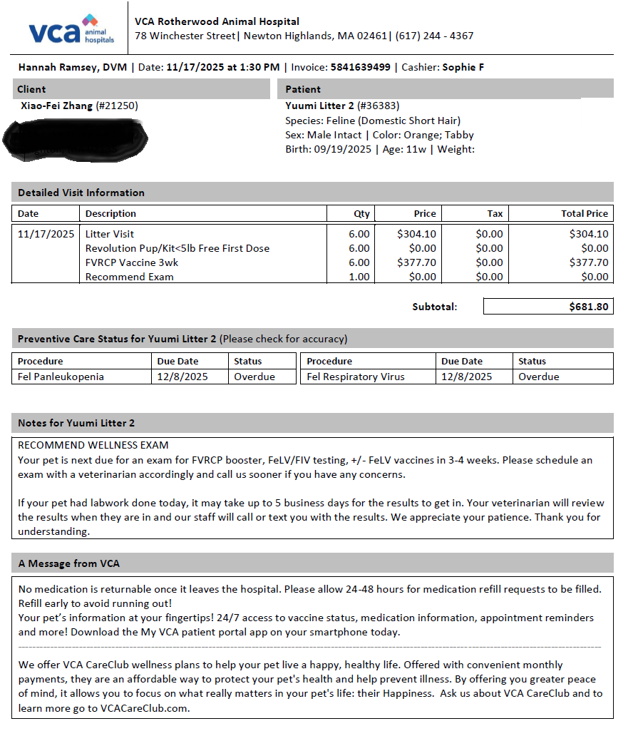 Redacted invoice for first vaccination visit