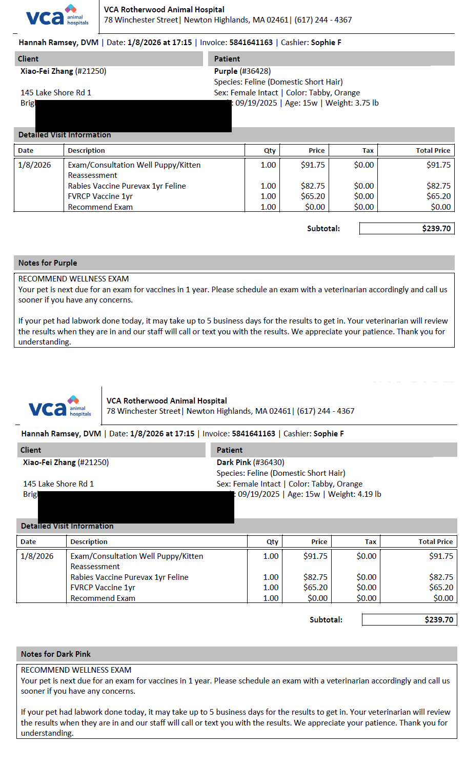 Redacted invoice for most recent vaccination visit